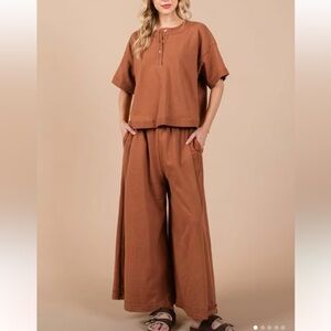 Wide Leg Casual Pants And Top Set in Mocha
